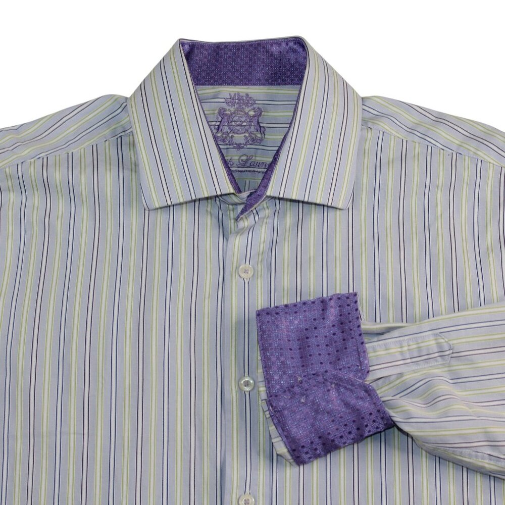 English Laundry Mens 16.5 Dress Shirt Flip Cuff Purple Striped Clubwear Office - Picture 6 of 16